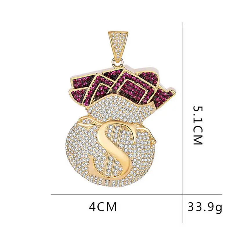 

US Dolla Money Bag Stack Iced Cash Coins Pendant Necklace Chain Charm Cubic Zircon Men's Hip Hop Jewelry For Gift