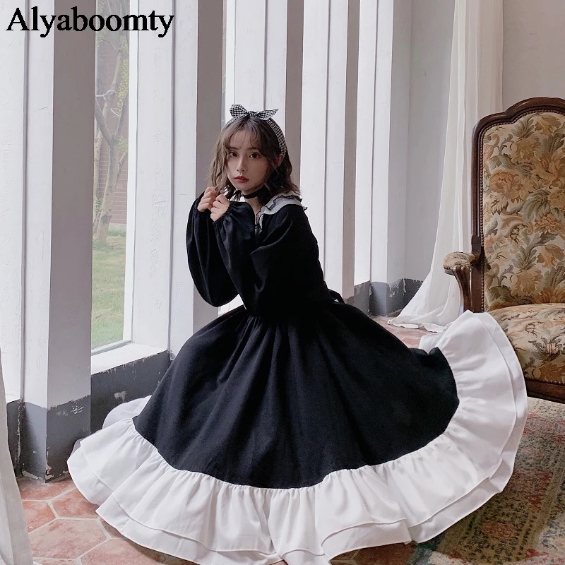 

Japanese Harajuku Women Black Midi Dress Gothic Punk Style Cosplay Lolita Dress Kawaii Double-Layered Ruffles Halloween Dresses