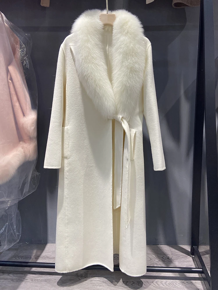 

Женское кашемировое пальто, зимнее длинное кашемировое пальто со съемным воротником из лисьего меха, 2021