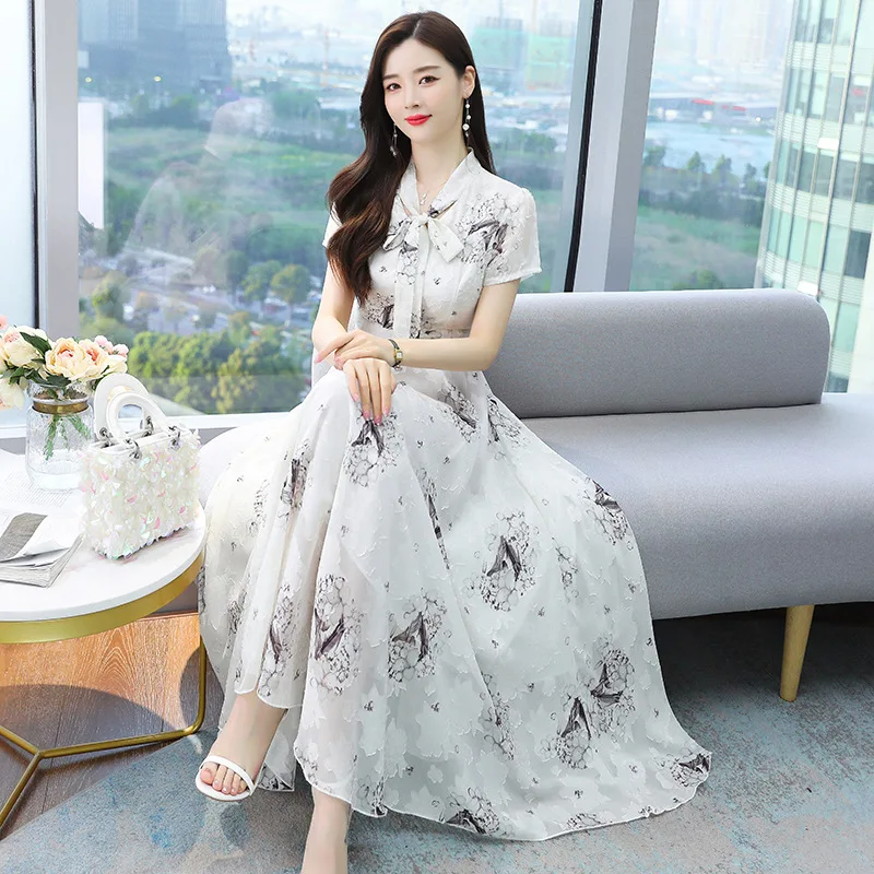 

2021 Summer Women's New Long Dress Jacquard Chiffon Super Fairy Waist Beach Big Bow Super Long Dress