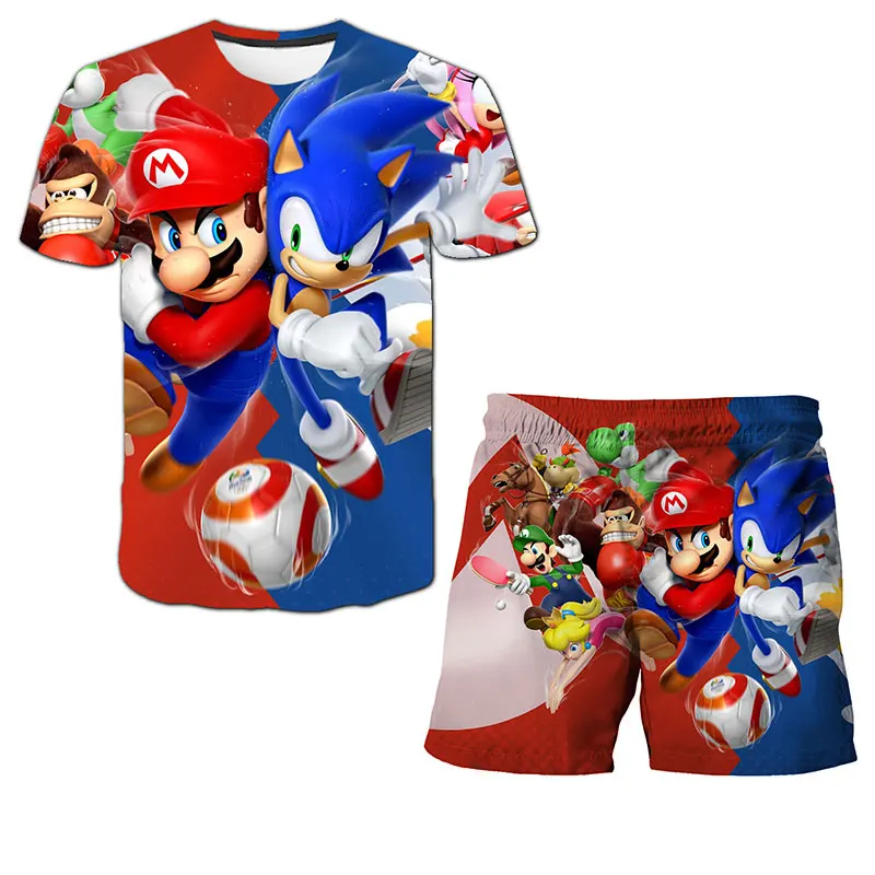 

Summer Kids Sets Game 3D Boys Supermario Cartoon Print Outfits Girls Harajuku Tee Suits Children Clothing T-shirt + Shorts 4-14T