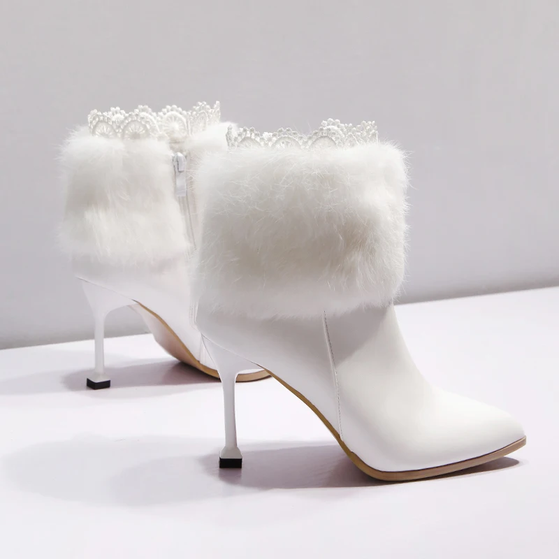 2019 г. Роскошные женские белые сапоги на шнуровке теплые зимние высоком каблуке 10