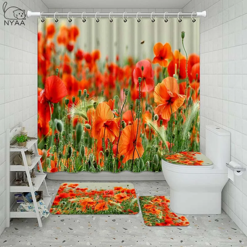 Vixm водонепроницаемые занавески для ванной комнаты с красными цветами мака набор