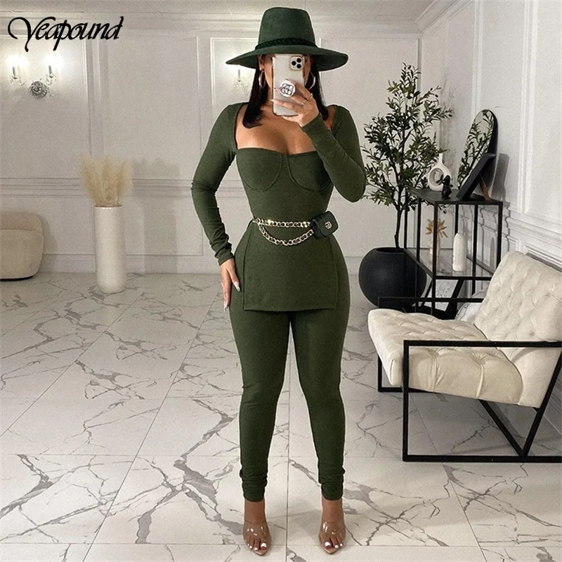 

Solid Skinny Two Piece Set Women Autumn Outfits Sexy Square Neck Side Split Top And Pencil Pants Suits Femme Matching Sets