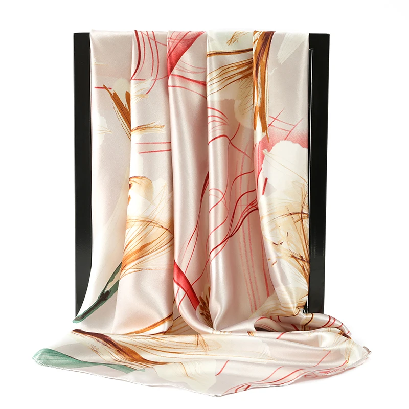 

Модные шали, шарф для волос для женщин, платок с красным желтым принтом, шелковые Сатиновые шарфы хиджаб 90*90 см, раньше для женщин 2019