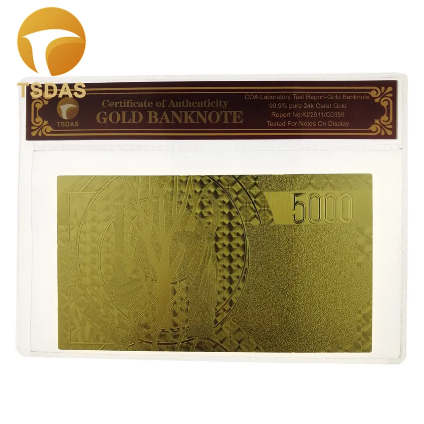 24k позолоченная фольга Банкнота с оправой COA Италия 1000 5000 Lires Золотая банкнота для