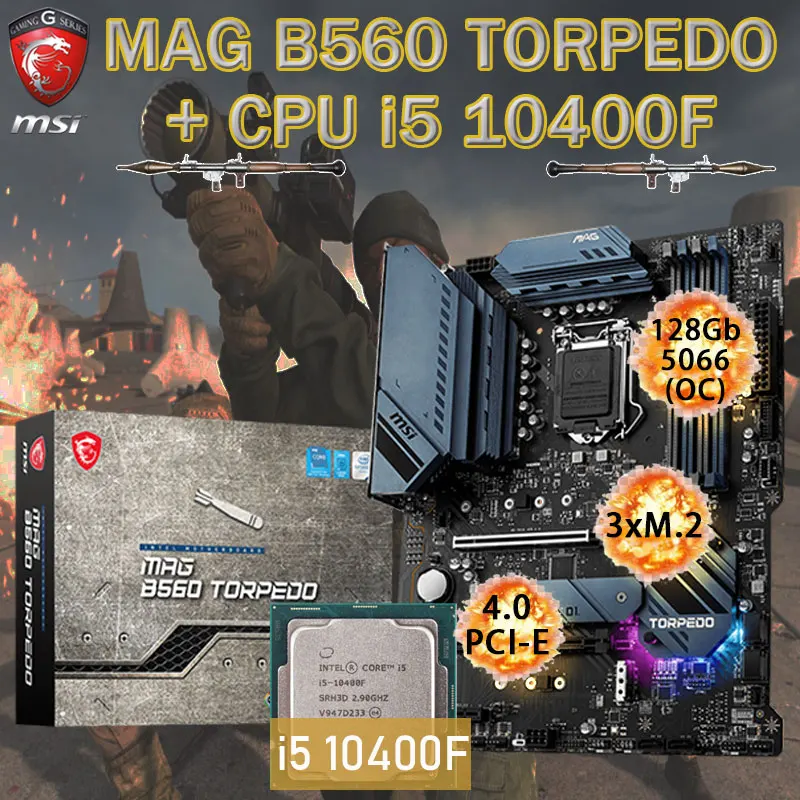 

LGA 1200 MSI MAG B560 TORPEDO Motherboard Set + Intel i5 10400F Combo DDR4 128GB M.2 PCI-E 4.0 Chia Placa-mãe Kit Desktop B560