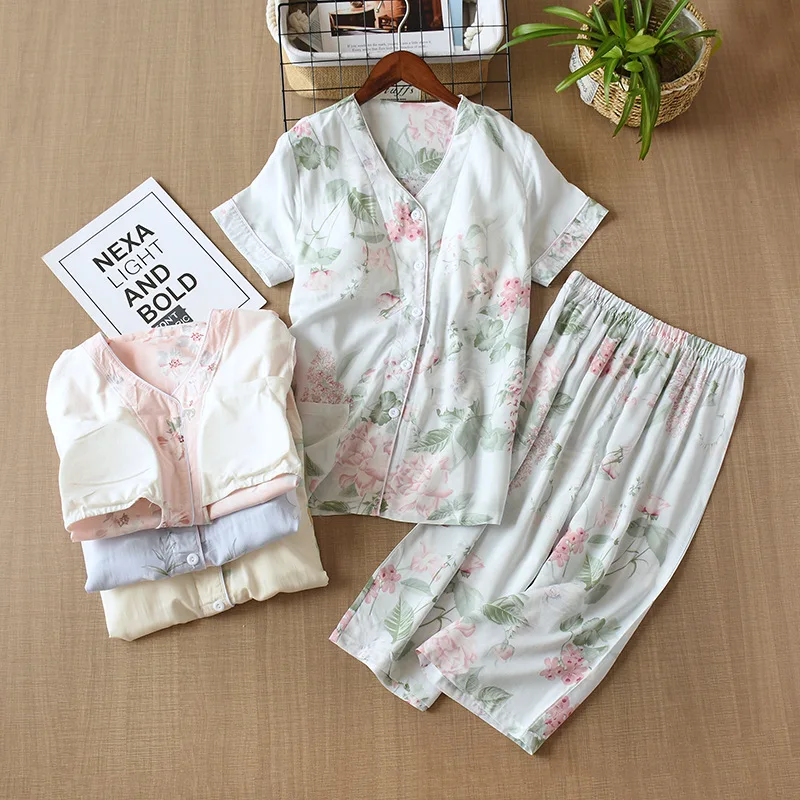 

Fdfklak Women Summer Clothing 2021 New With Chest Pad Loungewear 2Pcs Short-Sleeve Floral Print Pajama Sets Casual Homewear