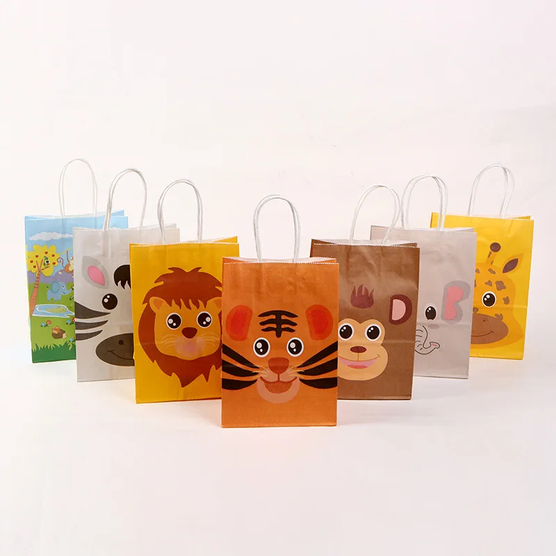 

12pcs Cartoon Animals Theme Gift Bags Zoo Lion Monkey Tiger Kraft Paper Bag Baby Shower Kids Birthday Party Decoration Supplies