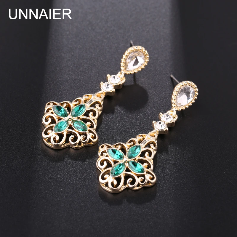

UNNAIER Retro palace green red Semi-precious stones earring Female Teardrop-shaped Rhinestone Ear jewelry