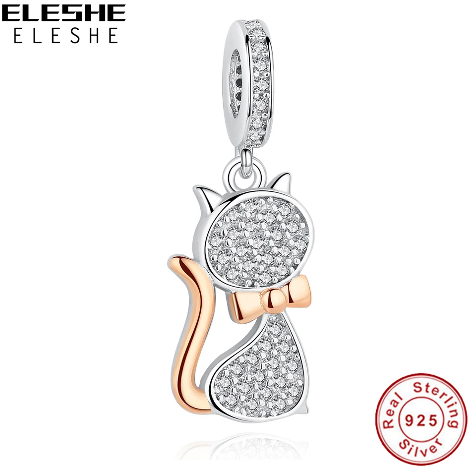 

ELESHE S925 Sterling Silver Rose Gold Sweet Pet Cat CZ Bead Fit Original Authentic Charm Bracelet DIY Jewelry Gift
