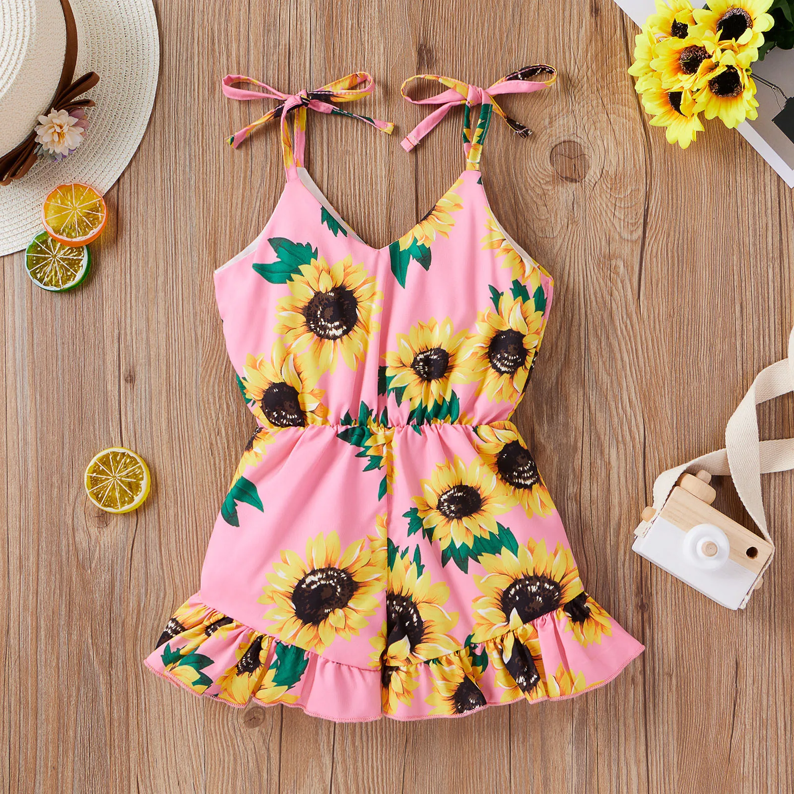 Одежда для малышей девочек с принтом Подсолнуха платье оборками на подтяжках
