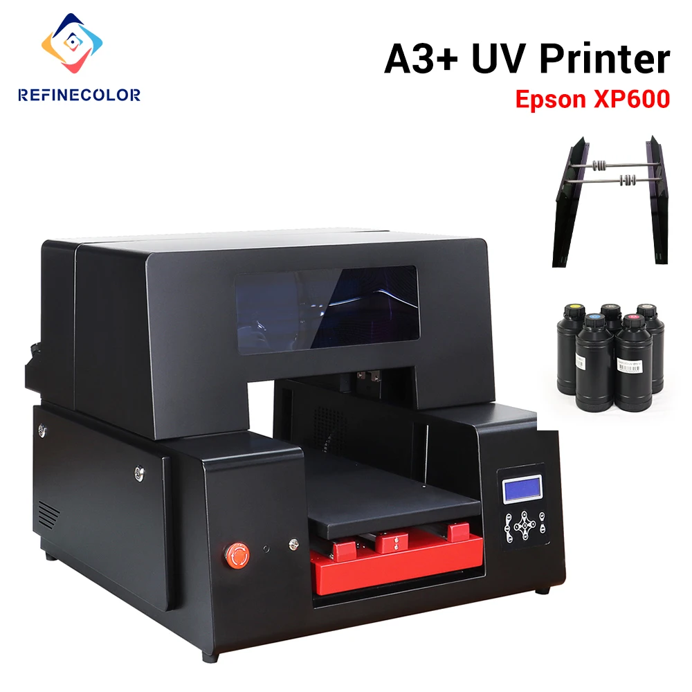 

Refinecolor A3 UV Printer DX9 XP600 Printhead UV Flatbed Printer Printing Bottle Phone Cases Wood With Rotary Attachement