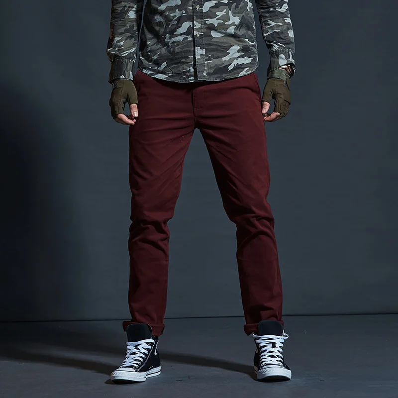 

Ankle Length Mens Pants Casual Cotton Straight Denim Red and Black Mens Pants Streetwear Military Man Trousers 2020 Autumn