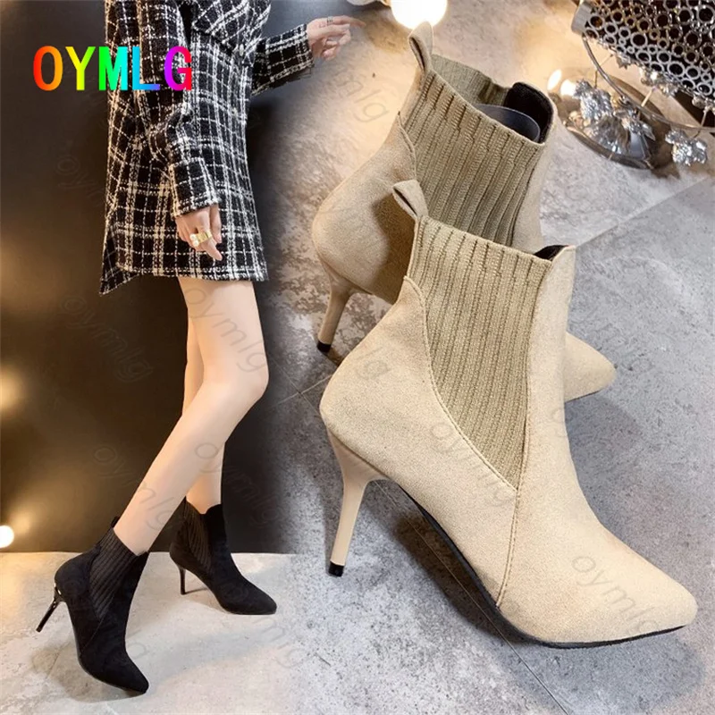 Женские Замшевые полусапожки Челси на высоком каблуке с острым носком в