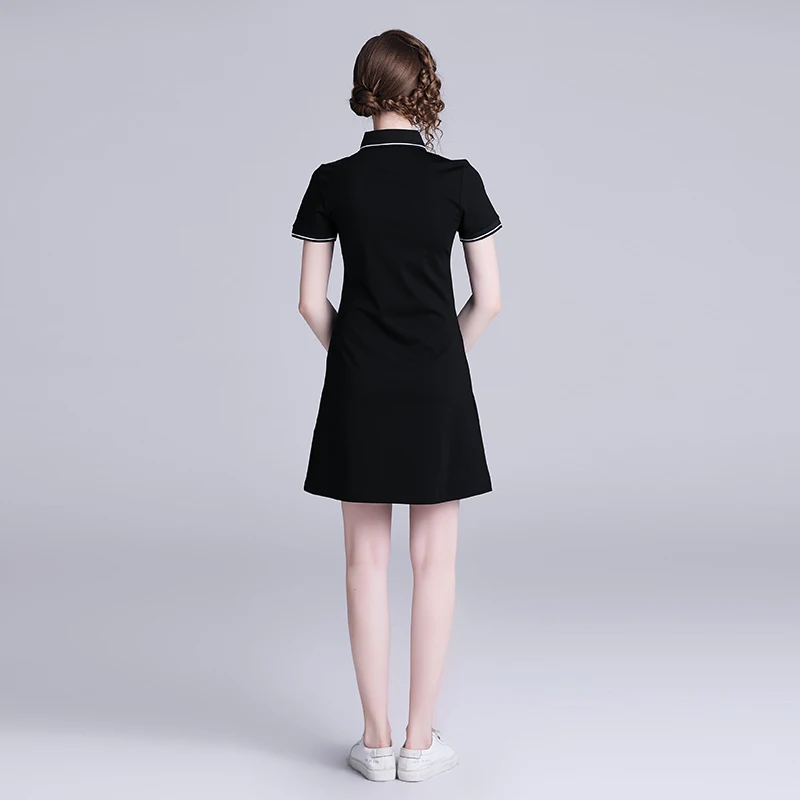 

2021 summer new catwalk lapel short sleeve embroidery stereo flower elastic bag hip casual POLO dress
