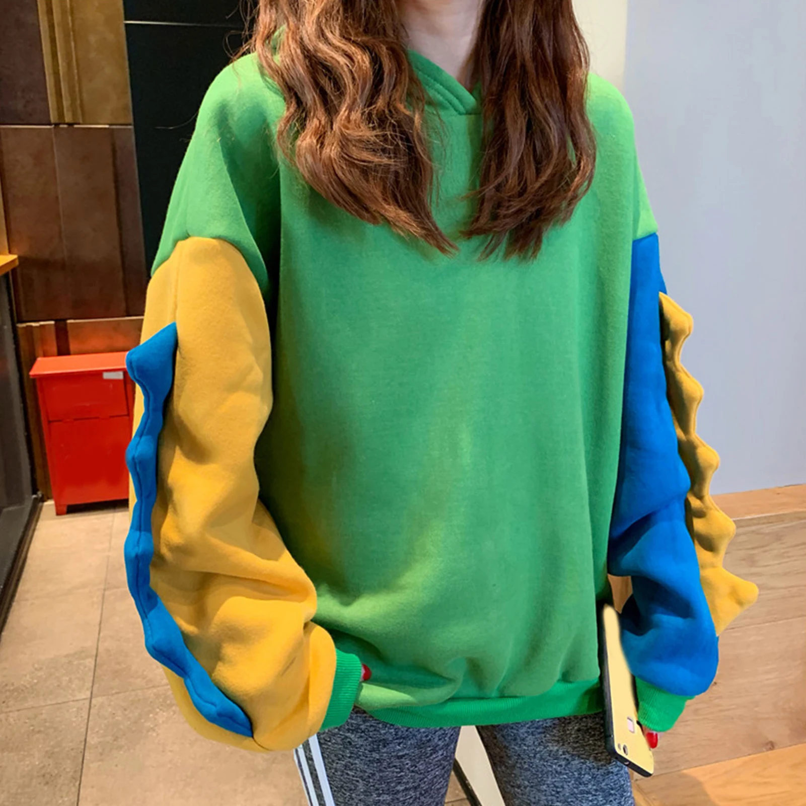 

Cute Women Long Sleeve Color Block Dinosaur Hoodie Autumn Winter Sweatshirt