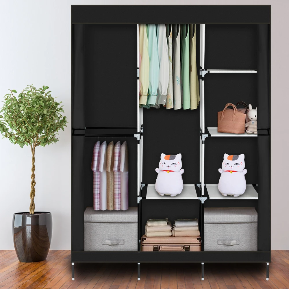 Modern Solid Color Non-woven Fabric Closet with Side Pocket Zipper Door Curtain Bedroom Wardrobe Clothes Storage Rack Furniture
