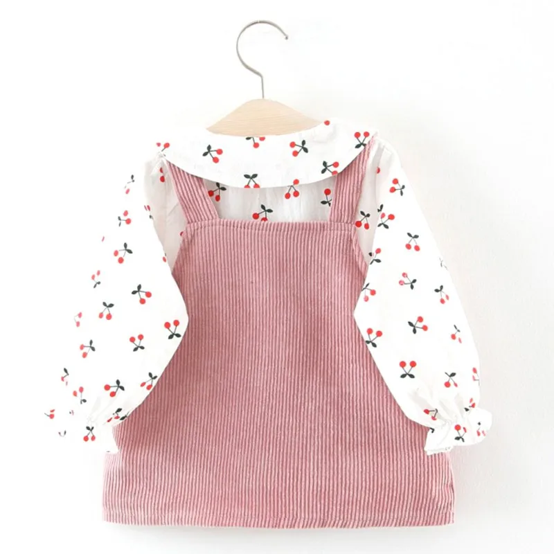 Платье для девочек с мультяшным принтом вишни футболка длинным рукавом Круглый