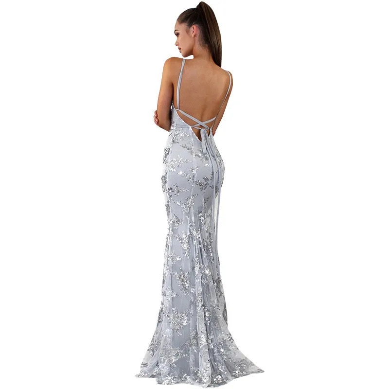 

Spaghetti Straps Sequin Dress Women Elegant Sexy Bandage Halter V-neck Vestidos Mesh Fish Tail Long Dresses Female LR1459