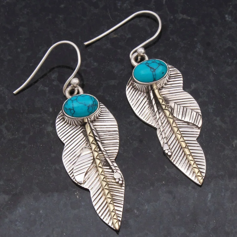 

Antique Silver Color Leaves Textured fine Drop Earrings for Women Bohemian Turquoise gemstone Handmade Dangle Earring