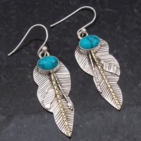 antique silver color leaves textured fine drop earrings for women bohemian turquoise gemstone handmade dangle earring
