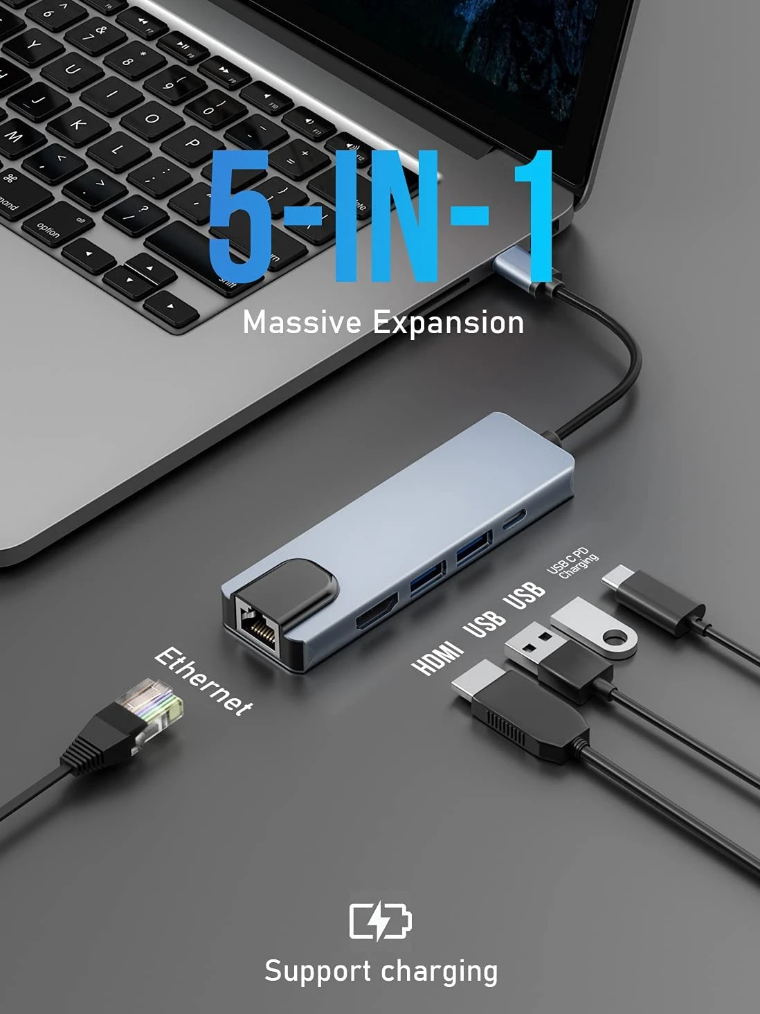 

5-in-1 USB C Hub 3.0 Splitter Type C Dock Multiport Adapter 4K HDMI RJ45 Ethernet Input Ports PD for MacBook Pro iPad xiaomi