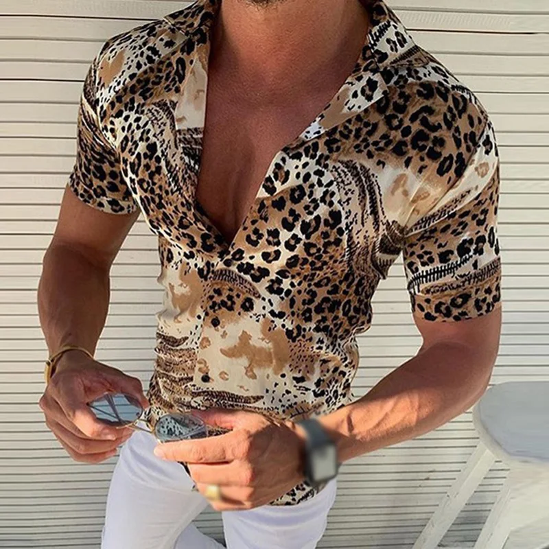 Красивые мужские футболки модные повседневные топы приталенная леопардовая