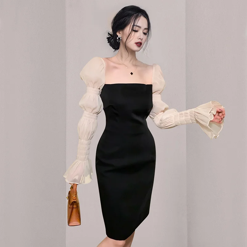 

Женское вечернее платье средней длины, с длинным рукавом