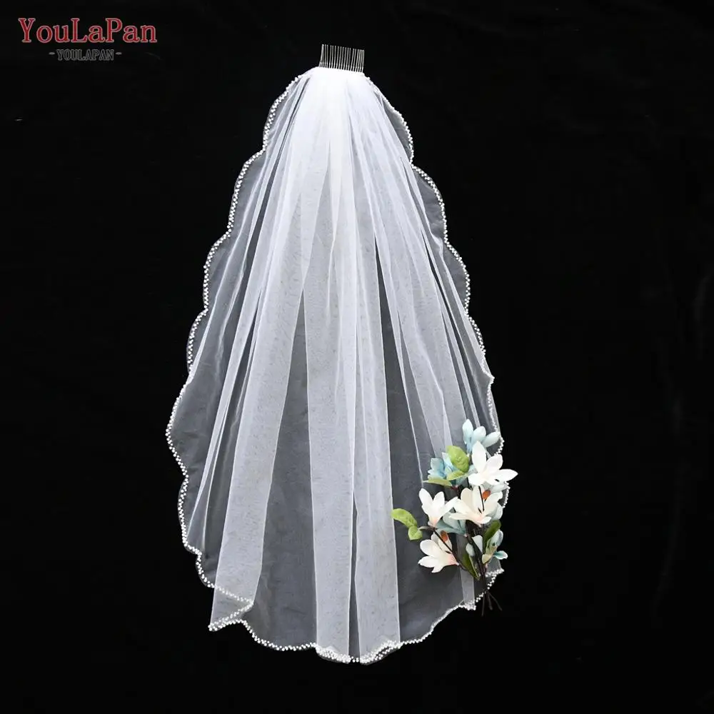 

YouLaPan V35 Wedding Veils for Brides Short White Ivory Beaded Wedding Veil with Comb for Bride Wedding Dress Accessories