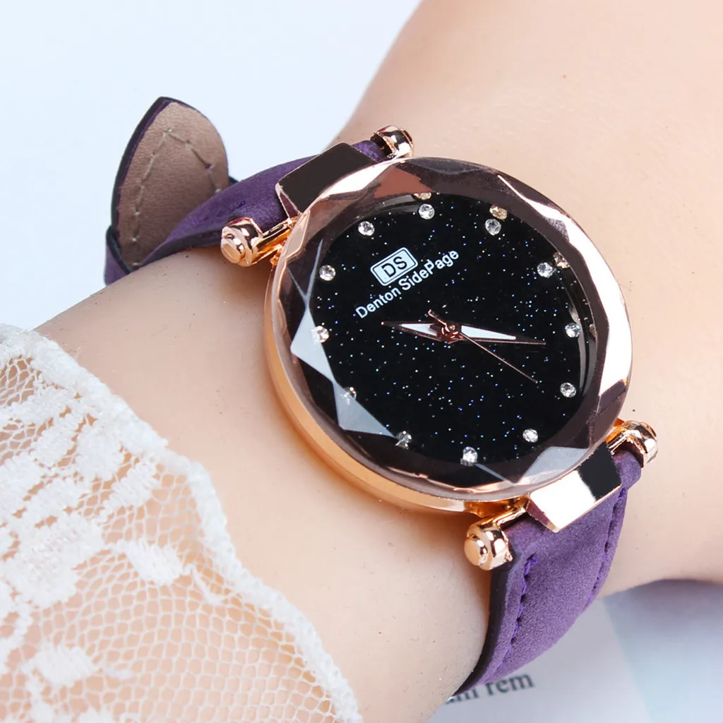 Часы наручные женские с кожаным ремешком модные алмазным со звездой и небом