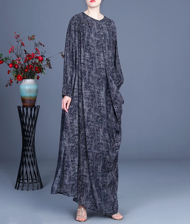 

2021 Spring and Summer Fashion New Casual Personality Loose Silk Linen Dress Elegant Retro Printed Pleated Female Dress