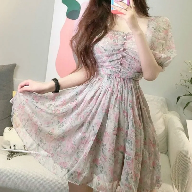 

Summer Floral Dress Women French Style Puff Sleeve Party Dress Korean Style Hepburn Style Chiffon Elegant Fairy Dress 2021 New