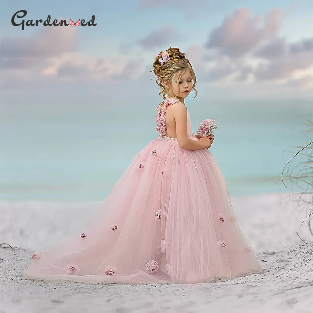 2021 New Listing Cute Pink Flower Girl Dress Tulle Puffy Ball Gown First Communion Dress Princess Kid Birthday Gown