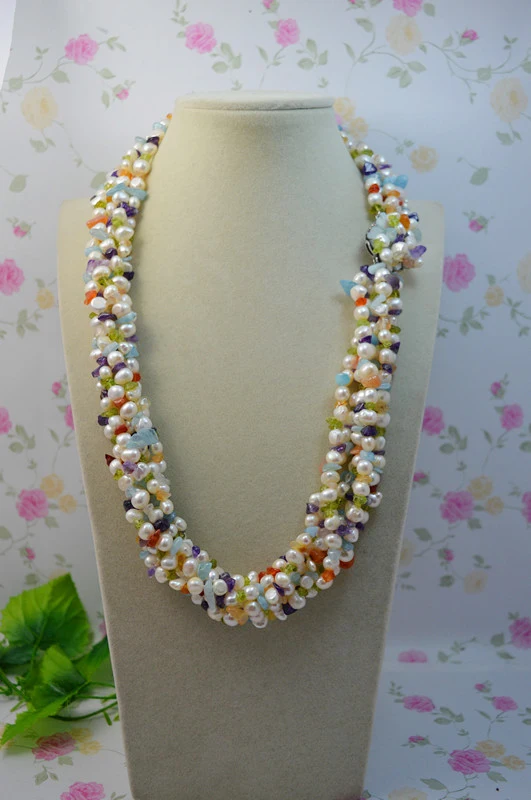 

Unique Design AA Gemstone Pearl Necklace 6 Rows Multicolor Amethys Quartz Jasper Baroque White Freshwateer Pearl Fine Jewelry