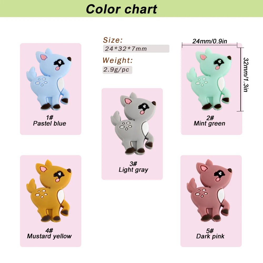 Kovict-Cuentas de silicona con forma de peque&ntilde;o ciervo, mordedor Molar para beb&eacute;, cadena de chupete, accesorios de joyer&iacute;a, juguetes masticables, 50/100 Uds.-4