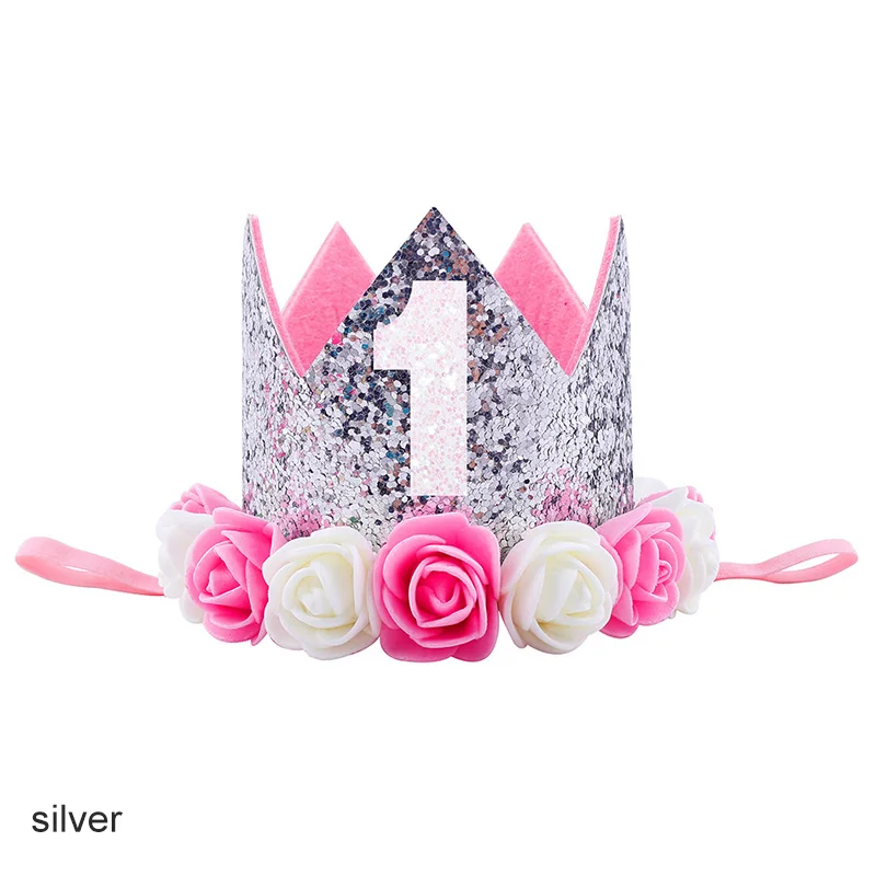 4 silver 1 шт., первый праздничный колпак, аксессуары для детского шоу, 1 год, роза с блестками, Декор, корона на день рождения, товары для свадебной вечеринки - Цвет: 4 silver