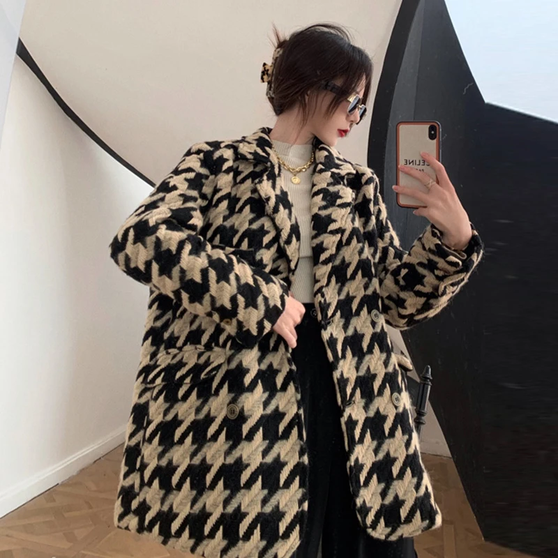

Korean Style Fashion Women Casual Temperament Long Sleeve Pocket Double breasted Houndstooth Belt Coat Loose Female Suit Jacket