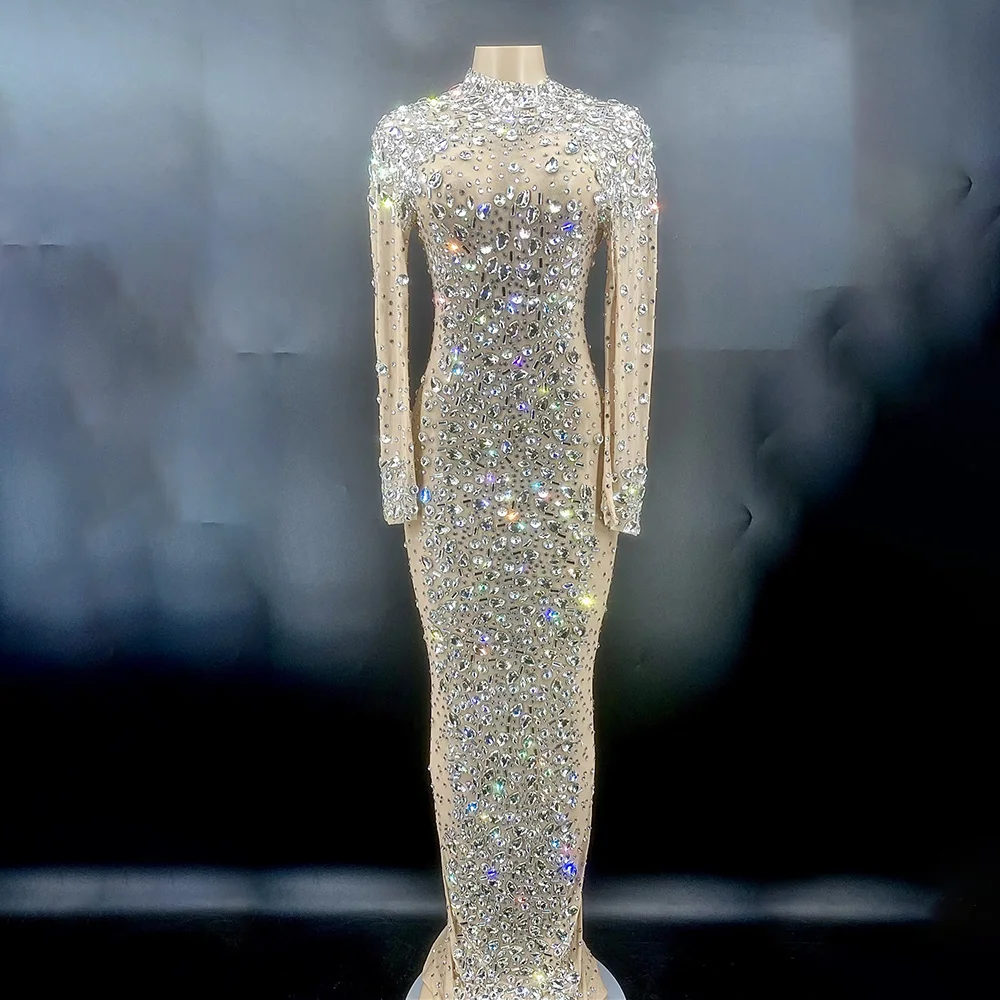 

Shiny full of diamonds Big Train See Through Dress Birthday Stage Performance Outfit Show Singer Long Occasion Evening Dress