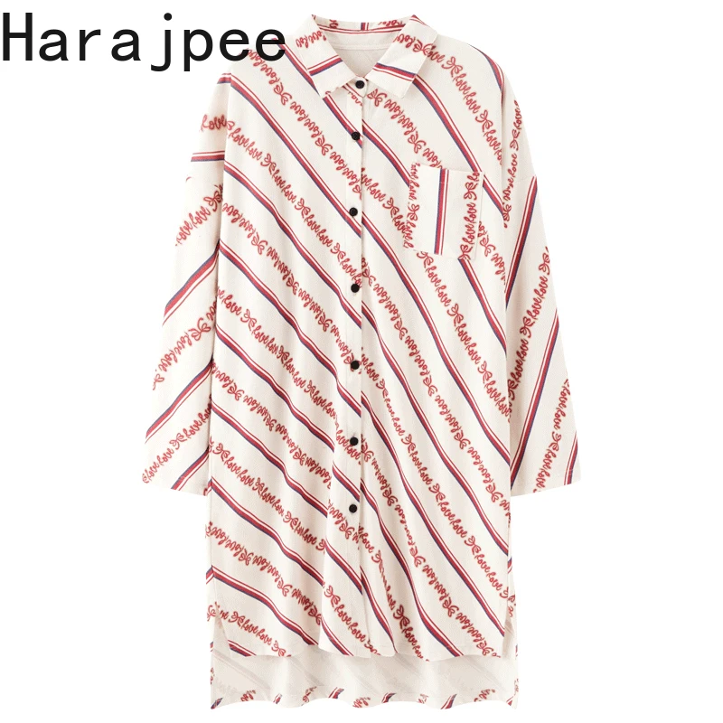 

Harajpee Women Pajamas 2021 Spring Autumn Korea Sweet Temperament Ladies Long-sleeved Mid-Length Cotton Casual Stripe Nightdress