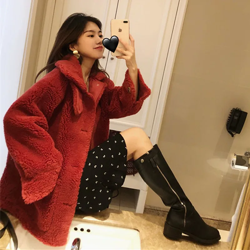 Korean Real Cute Women Warm Woolen Coat Autumn Winter Sheep Fur Jacket Casual Abrigos Mujer Invierno 2020 YY656