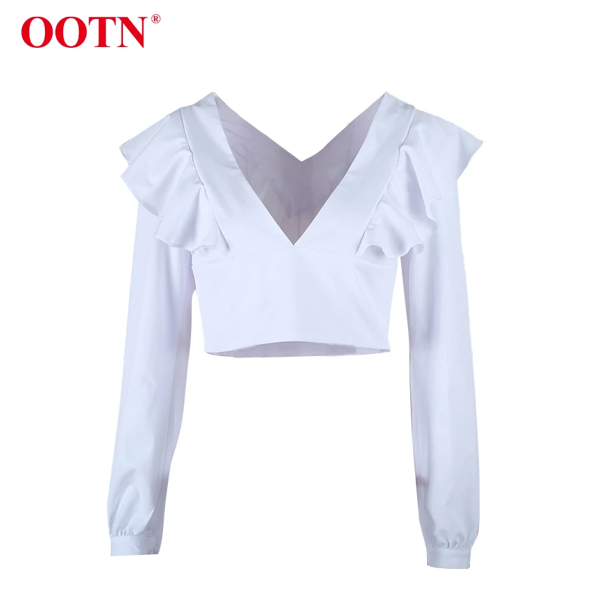 Женская блузка с v образным вырезом OOTN элегантная белая оборками и длинным