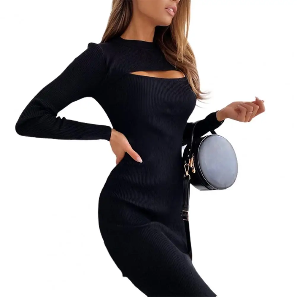 

2021 New Autumn Women Vestidos Slim Elegant Bodycon Slit Hollow Out O Neck Sheath Dress Club Wedding Party Vestidos Cover-Ups