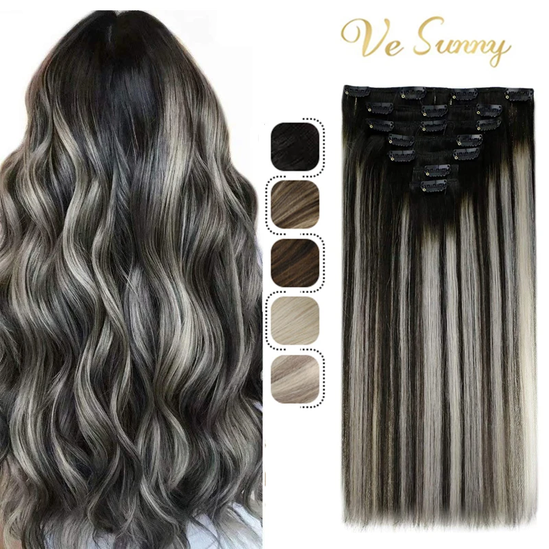 VeSunny Hair Extensions Clip in Human Hair Extensions Black Hair Off Black to Silver Grey Highlight Remy Clip in Hair Extensions