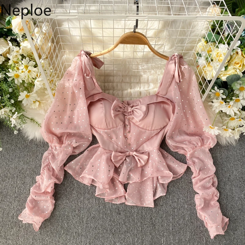 Блузы Neploe в стиле ретро с квадратным воротником и длинными рукавами фонариками