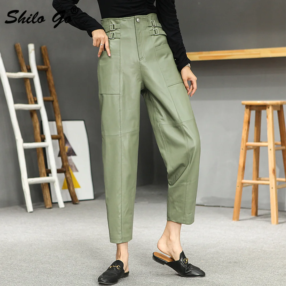 

High Street Pants Womens Winter Safari Style High Waist Button Front Genuine Leather Harem Pants Solid Sheepskin Trousers Famle
