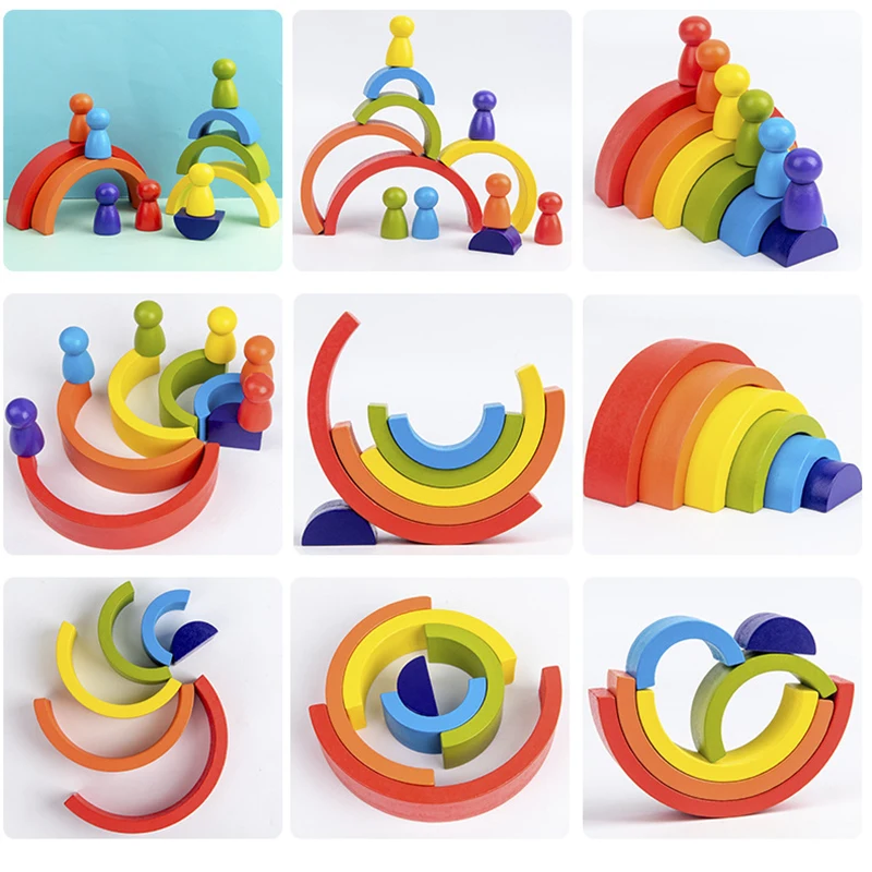 wooden seven color rainbow buildin blocks montessori early education rainbow jengle arched building block kids educational toy free global shipping