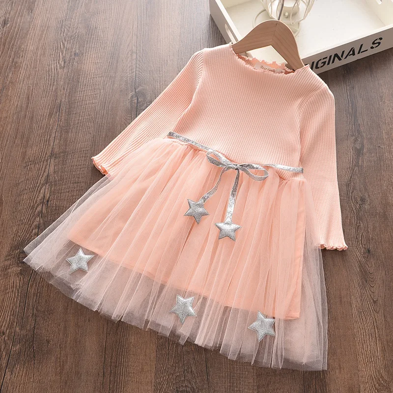 

Kids Girls Autumn Princess Dress Star Belt Long Sleeve Solid Color Children Clothes