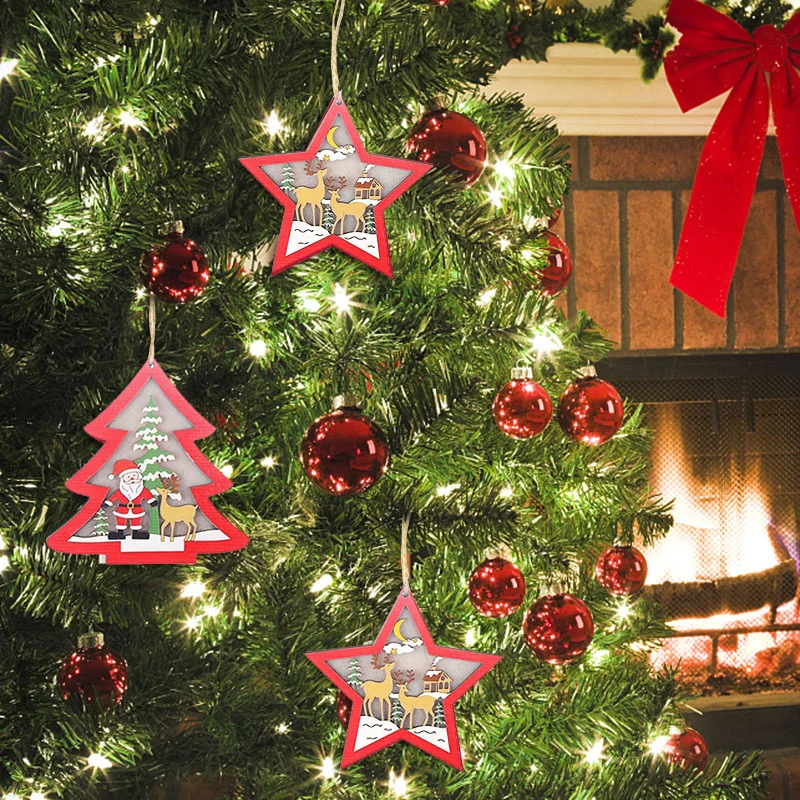 

1pc Christmas LED Decoration Glow Christmas Tree Wooden Pendant Star Santa Claus Ornaments DIY Wooden Craft New Year 2022 Decor