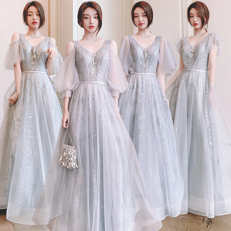 

Bridesmaids Dress Illusion V-Neck A-Line Three Quarter Sequined Embroidery Tulle Off The Shoulder Women Wedding Party Gown E246